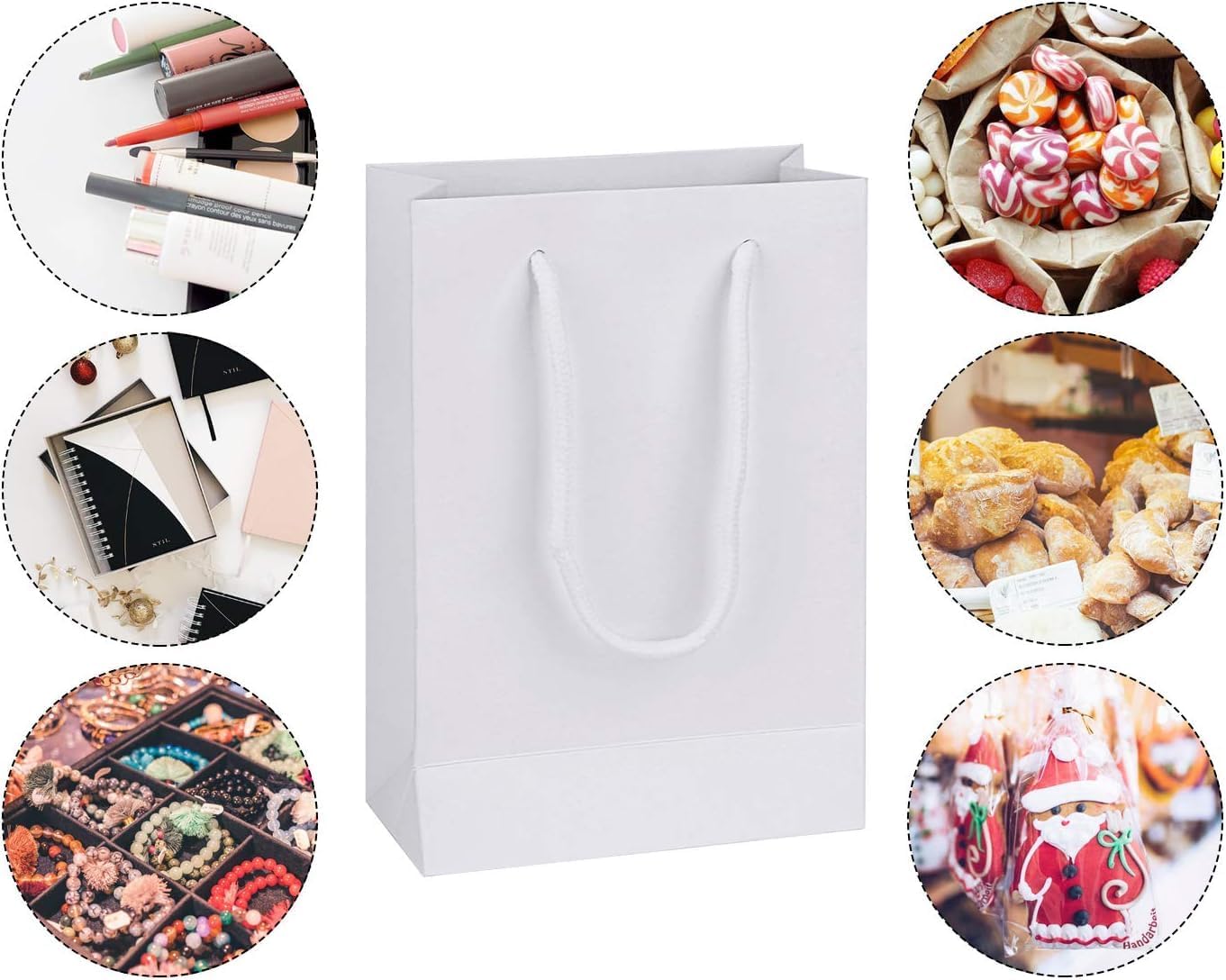 driew Kraft Paper Bags, Small White Gift Bags 5x2x7.5 inches with Cotton Handle Pack of 100 (White)