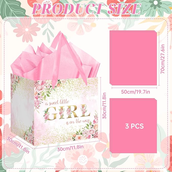 Extra Large Baby Girl Gift Bags - Pink Floral Baby Shower Square Gift Bag A Sweet Little Girl is on the Way Wrapping Paper Bag for Newborn Congratulations Gifts Gender Reveal Party Favors Decor