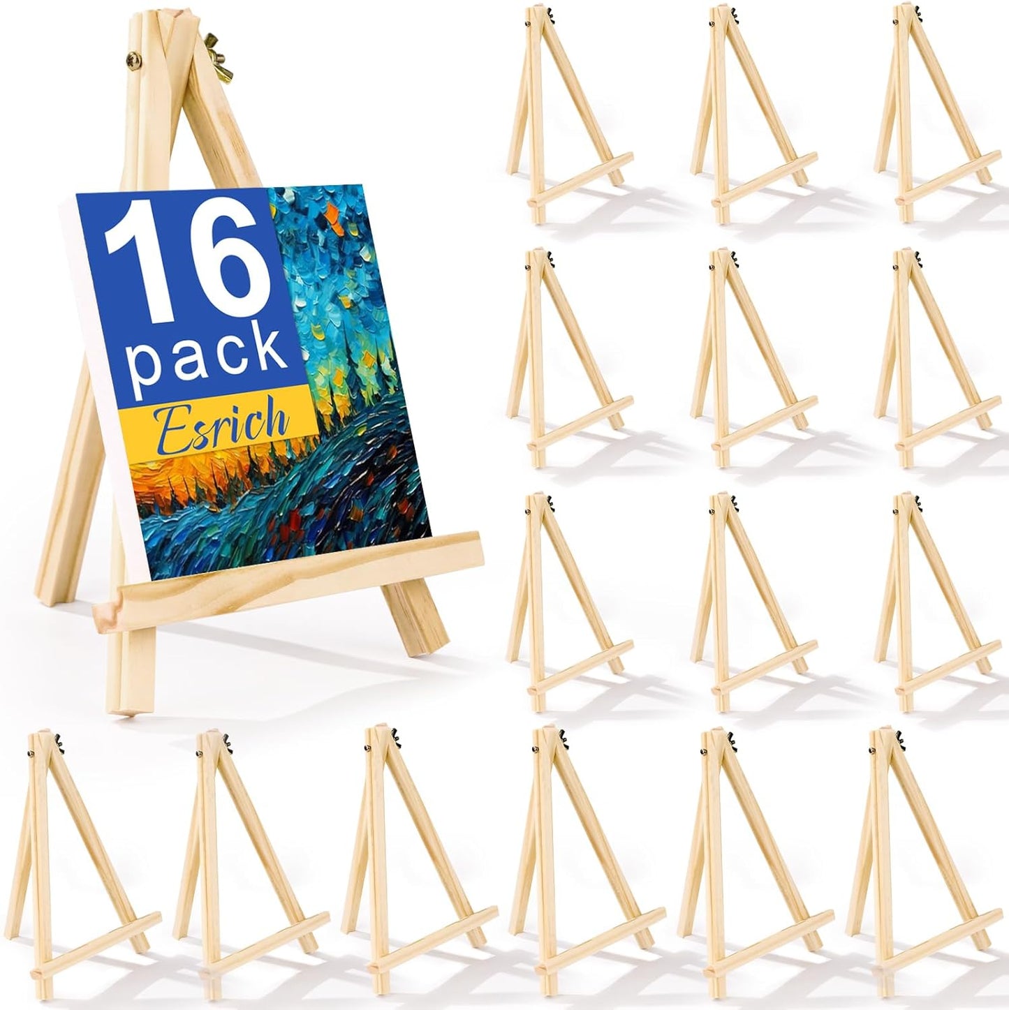 ESRICH 16 Pack 9 Inch Wood Easels, Easel Stand for Painting Canvases, Art and Crafts, Tripod, Painting Party Easel, Kids Student Tabletop Easels for Painting, Portable Canvas Photo Picture Sign Holder