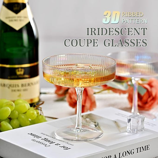 CUKBLESS Iridescent Martini Glasses Set of 6, Champagne Coupe Glasses, Hand Blown Vintage Ribbed, Cocktail for Margarita, Whiskey, Dessert, 7 oz