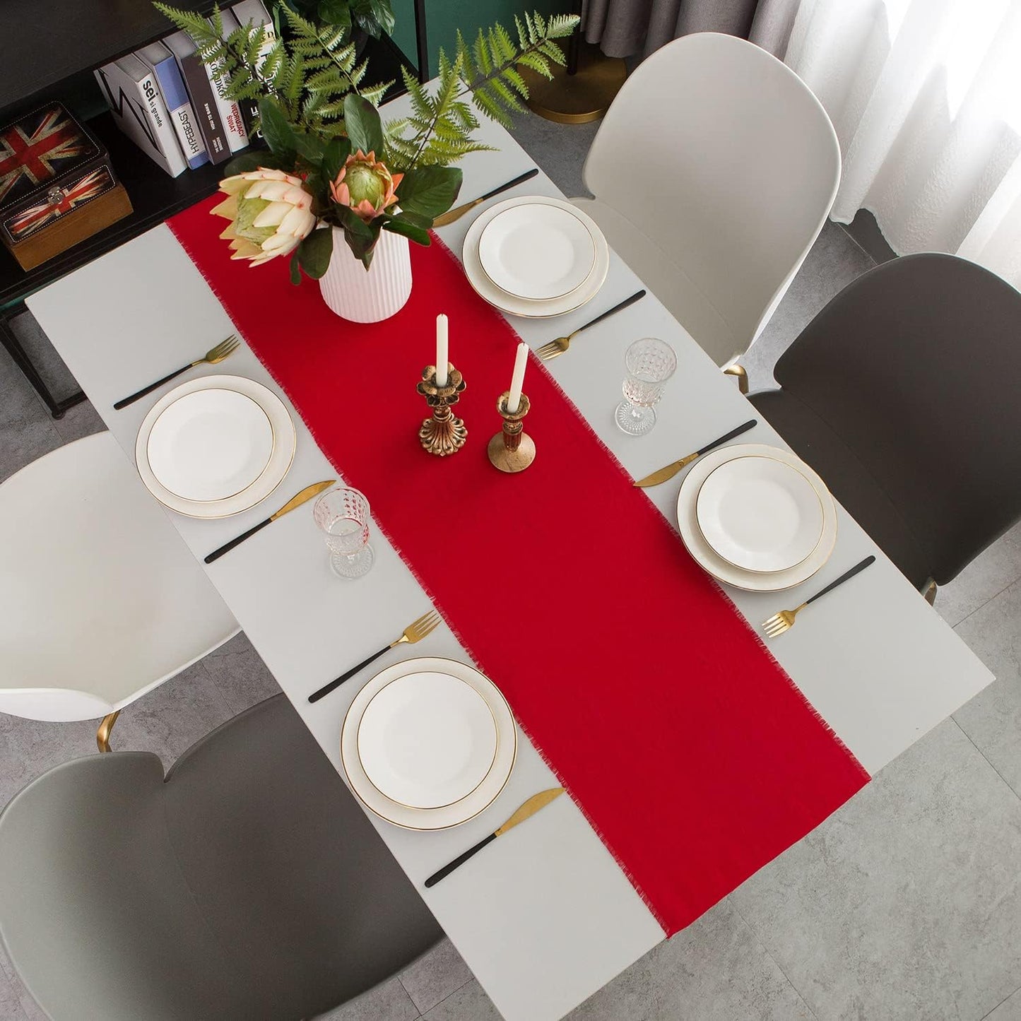 Christmas Table Runner with Fringe- 14x120 Inch Long Red, 100% Pure Linen Christmas Runner for Table, Red Table Runner for Winter – Machine Washable, Handmade