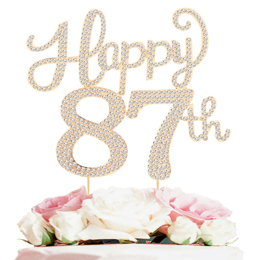 Happy 87th Birthday Decorations,87th Birthday Gold Rhinestone Cake Topper - Cheers to 87 Years Old Bday Party Metal Sparkly Cake Centerpieces Sign.