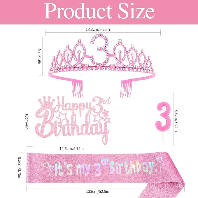 3rd Birthday Decorations for Girls - Pink Birthday Crown, Glitter Sash, Number 3 Candles and Cake Toppers for Girls 3 Year Old Party Supplies Outfit Gift