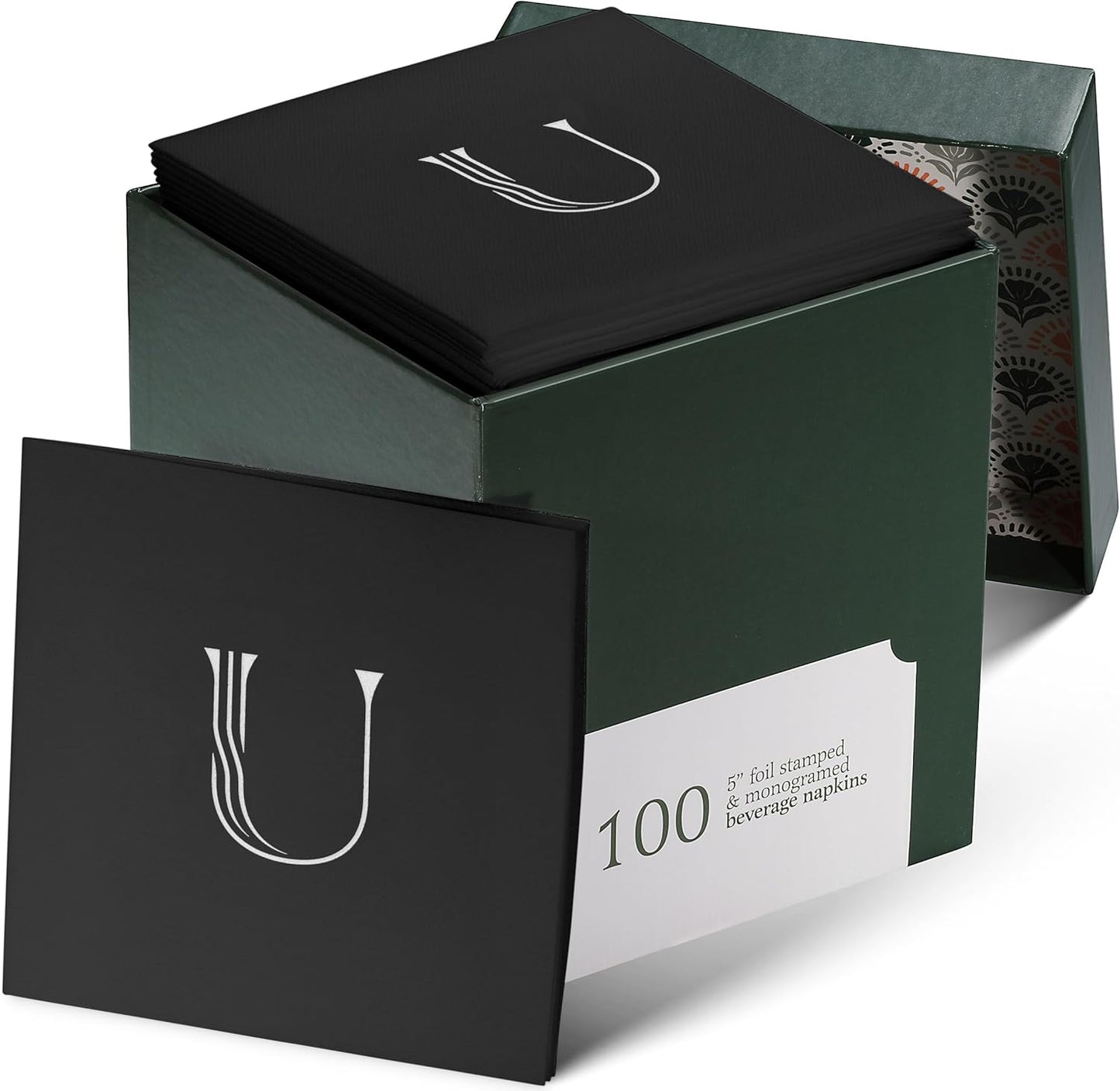 100 Pack Disposable Monogrammed Cocktail Napkins Black, 5"x5" Linen-Feel Silver Foil Letter U Paper Napkins, Initial White Beverage Napkins For Wedding, Party, Bar Or Holiday