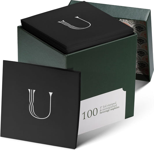 100 Pack Disposable Monogrammed Cocktail Napkins Black, 5"x5" Linen-Feel Silver Foil Letter U Paper Napkins, Initial White Beverage Napkins For Wedding, Party, Bar Or Holiday
