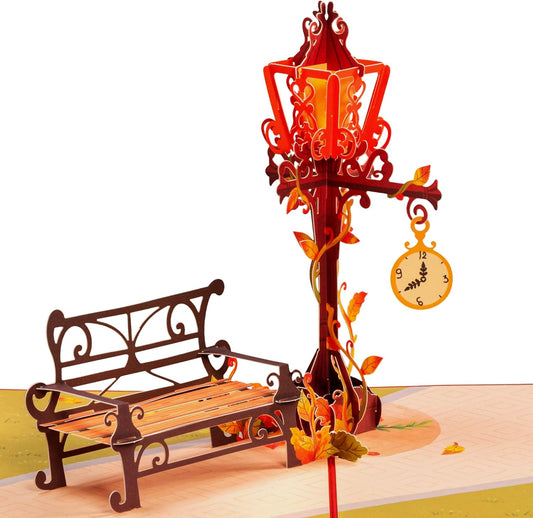 Paper Love Fall Pop Up Card, 3D Lamppost, For Autumn, Thanksgiving, Thinking of You, Sympathy, All Occasion or Just Because - 5" x 7" Cover - Includes Envelope and Removable Note Tag