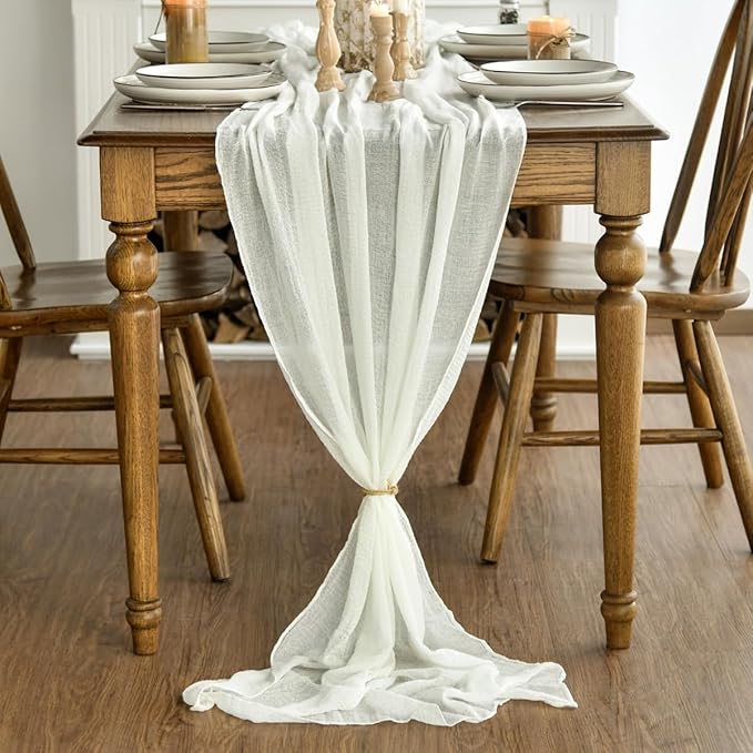 Artoid Mode Boho Milk White Gauze 3 Pieces Wedding Table Runner, 120 Inch Birthday Fabric Kitchen Dining Holiday Table Decor for Home Party Indoor