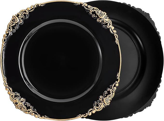Okllen 12 Pack Plastic Round Charger Plates, 13" Dinner Charger Dessert Plates with Gold Rim, Vintage Charger Serving Plates for Catering, Wedding, Tabletop Decor, Black, Floral Trim
