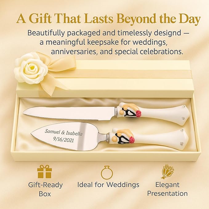 GIFTS INFINITY® Personalized Wedding Cake Server And Knife Free Engraving Bride And Groom - Valentine's Day Gift
