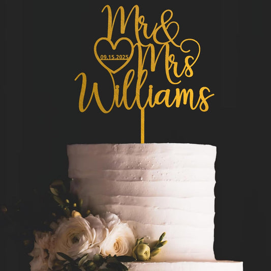 Noni Luxury Personalized Wedding Cake Topper with date and heart, Custom Couples Script Cake Topper for Weddings, Rustic Cake Topper, Custom Cake topper, Mr and Mrs Cake Toppers for Wedding