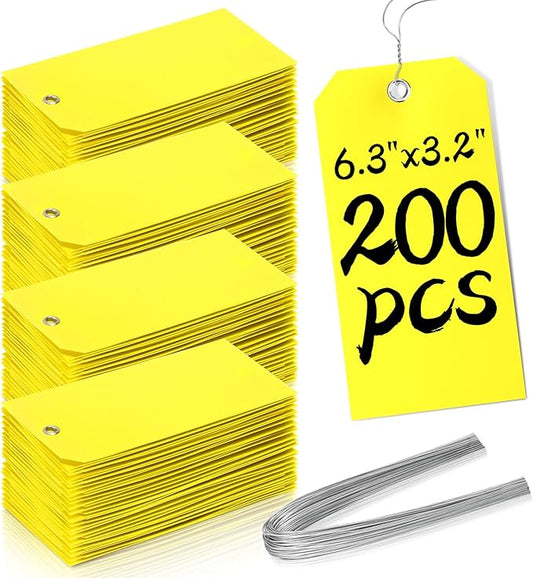 200 Yellow Plastic Hang Tags - 6 1/4 x 3 1/8, Heavy Duty, Write On, Ideal for Equipment, Car Parts, Inventory & Repair