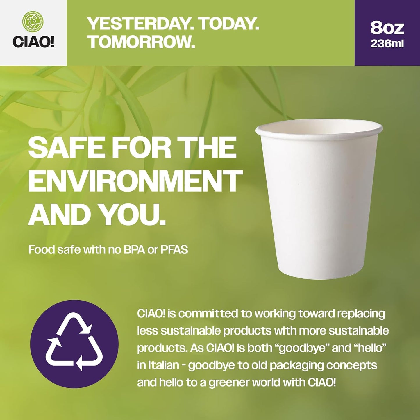 CIAO! 8oz White Paper Hot Cup, Disposable, 80mm Diameter 1,000 Count