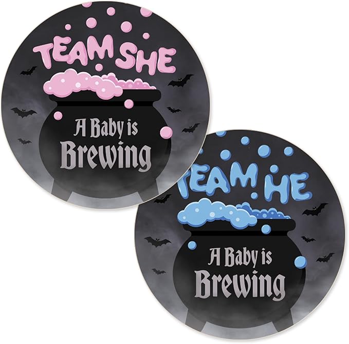 Baby is Brewing Halloween Gender Reveal Party - Bubbling Witch Cauldron Team He or Team She - 40 Stickers - Pink Blue