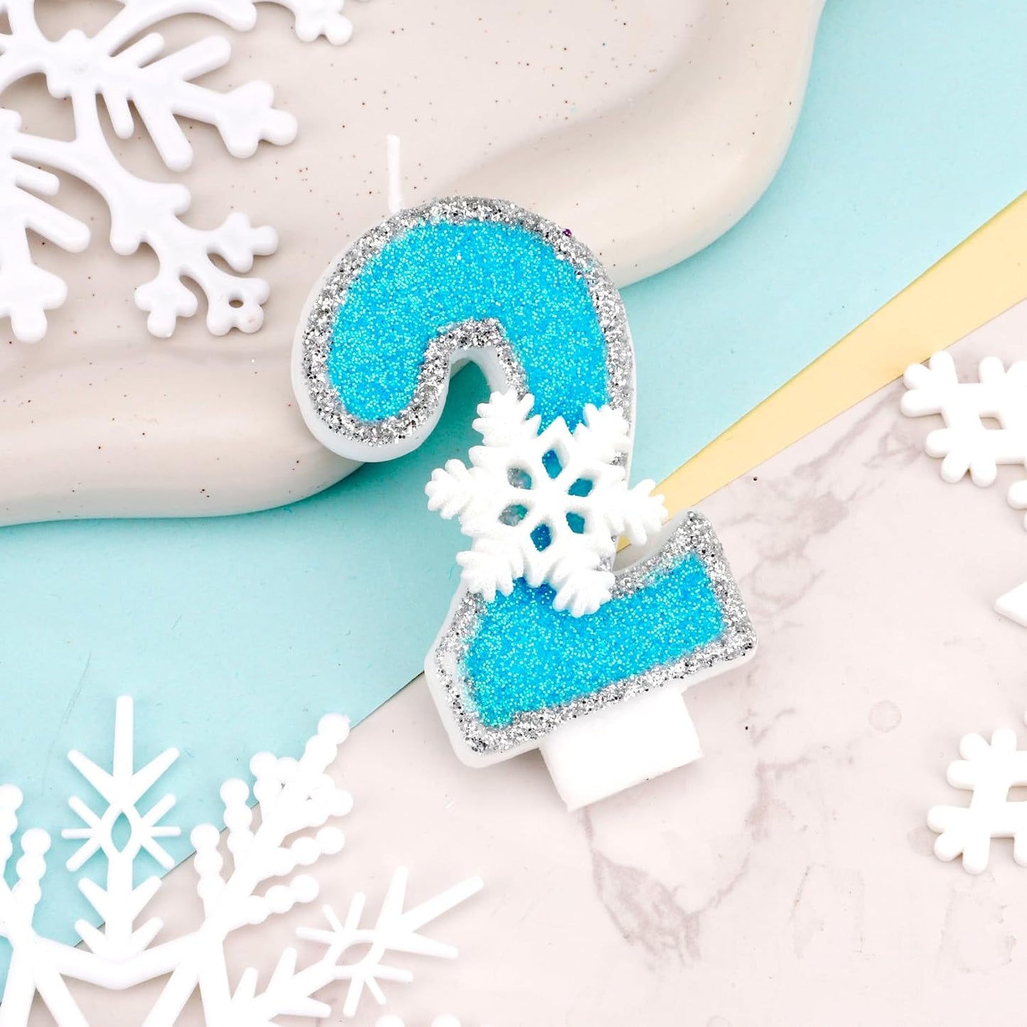 Frozen Themed Birthday Candles Party Decorations, Blue and Silver Number 2 Birthday Candle, Happy Birthday Candle for Cake, Snowflake Cake Topper Decoration for 2nd 2 Year Old Party Favor Supplies