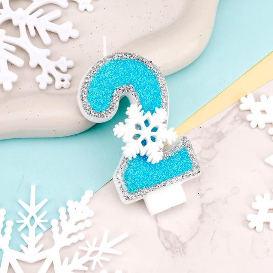 Frozen Themed Birthday Candles Party Decorations, Blue and Silver Number 2 Birthday Candle, Happy Birthday Candle for Cake, Snowflake Cake Topper Decoration for 2nd 2 Year Old Party Favor Supplies