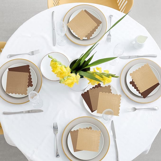Whaline 150 Pack Fall Color Brown Neutral Cocktail Napkins Wood Grain Napkins Brown Gradient Color Napkins with Scalloped Edges Disposable Napkin in 3 Colors for Party Supplies Table Decor, 5 x 5 In