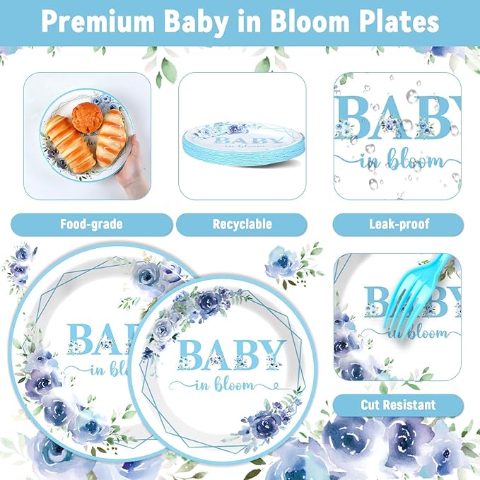 96Pcs Baby In Bloom Baby Shower Party Supplies Blue Flower Paper Plates Napkins Floral Shower Party Decorations Boy Girl Birthday Dinnerware Favor Tableware Serves 24
