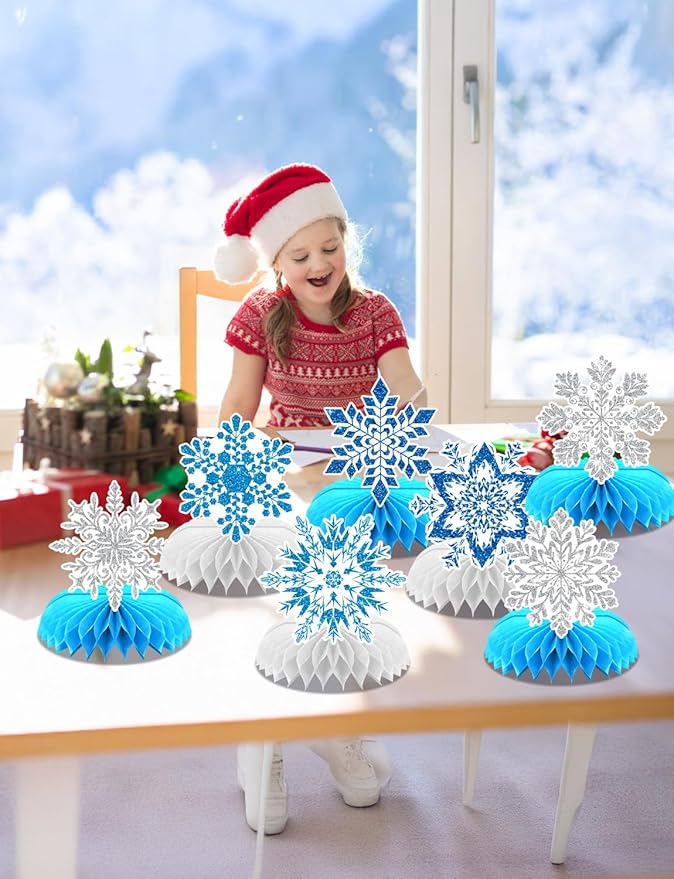 Winter Wonderland Decorations, 9Pcs Snowflake Honeycomb Table Centerpieces in Blue and White, Snowflake Table Decorations for Christmas Party, Baby Shower, Birthday, Holiday Events