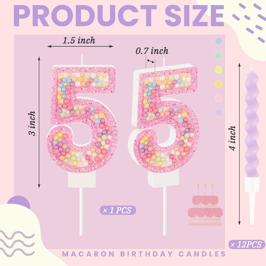MTLEE Number 5 Birthday Candle with 12 Pcs Spiral Candles for Girls Macaron Pastel Rainbow Unicorn Pink Cake Topper for Sweet Theme Party Decoration