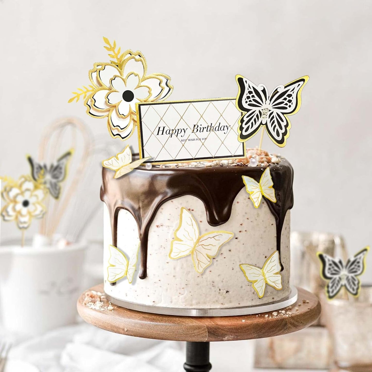 8-Piece White Gold Flower and Butterfly Cake Toppers - Birthday Cake Decorations and Party Decorations