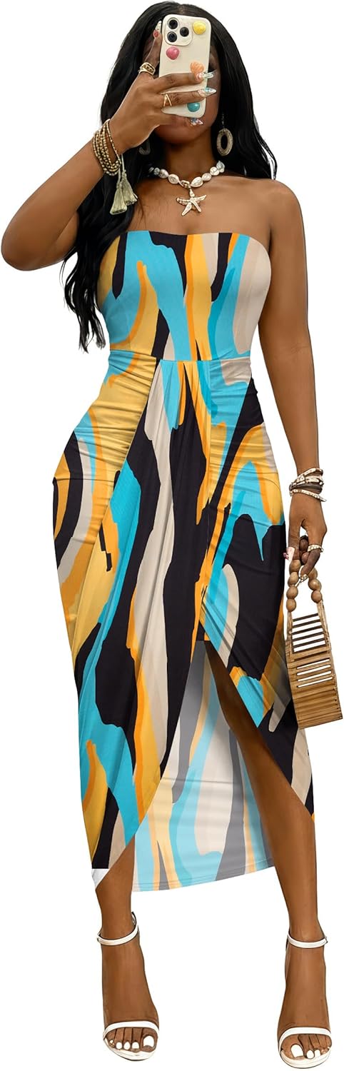 Umenlele Women's Strapless Ruched High Waist Wrap Split Asymmetrical Beach Maxi Long Dress
