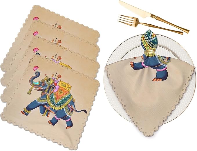 Yibeas Elephant with Jockey Cloth Napkins Dinner Table Napkins Traditional Indian Rajasthani Wall Painting Washable Reusable Napkins Set of 4 Home Holiday Party Wedding 18 x 18 inch