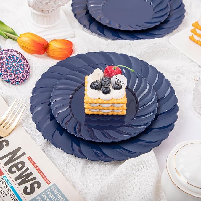 U-QE 100PCS Blue Disposable Plates - Heavy Duty Blue Plastic Hanukkah Plates for Hanukkah/Party/Wedding - Include 50PCS 9inch Dinner Plates and 50PCS 6.5inch Dessert/Salad Plates