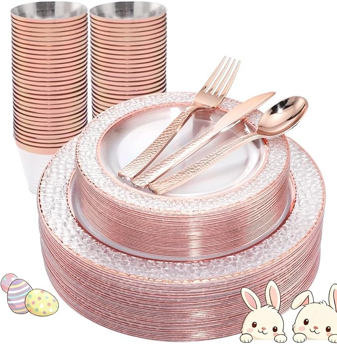 Ciaell 150PCS Rose Gold Plastic Plates – Disposable Plates with Rose Gold Plastic Silverware include 50Plates, 25Forks, 25Knives, 25Spoons, 25Cups for Wedding & Party