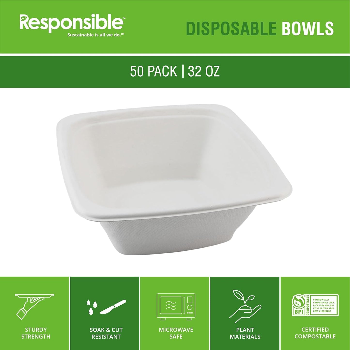 100% Compostable Square Serving Bowls, 32 oz Disposable Paper Bowls, Microwave Safe, Freezer Safe, Soup Safe, No Plastic, Eco-Friendly, Tree-Free, No PFAS. White (50 Count)