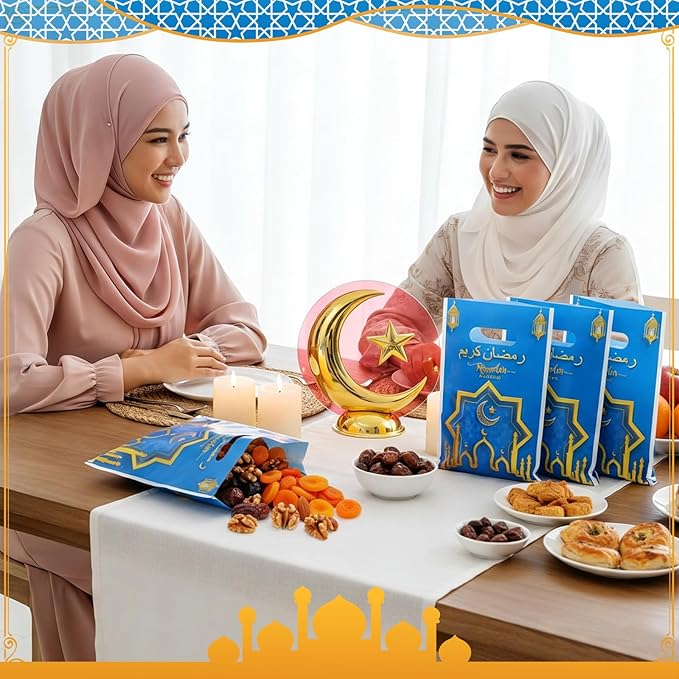 Supervitae 100 Pieces Ramadan Kareem Plastic Gift Bags Bulk Eid Mubarak Treat Candy Goodie Bags with Churches Star and Moon for Muslim Eid Party Favors Supplies