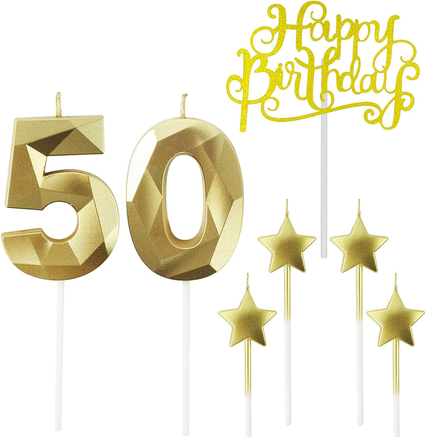 Golden Number 50 Birthday Candles and Star Birthday Candles 2.76 inch Birthday Cake Candles 3D Diamond Shaped Candles are Suitable for Birthday Parties and Anniversary Cake Decorations Candles