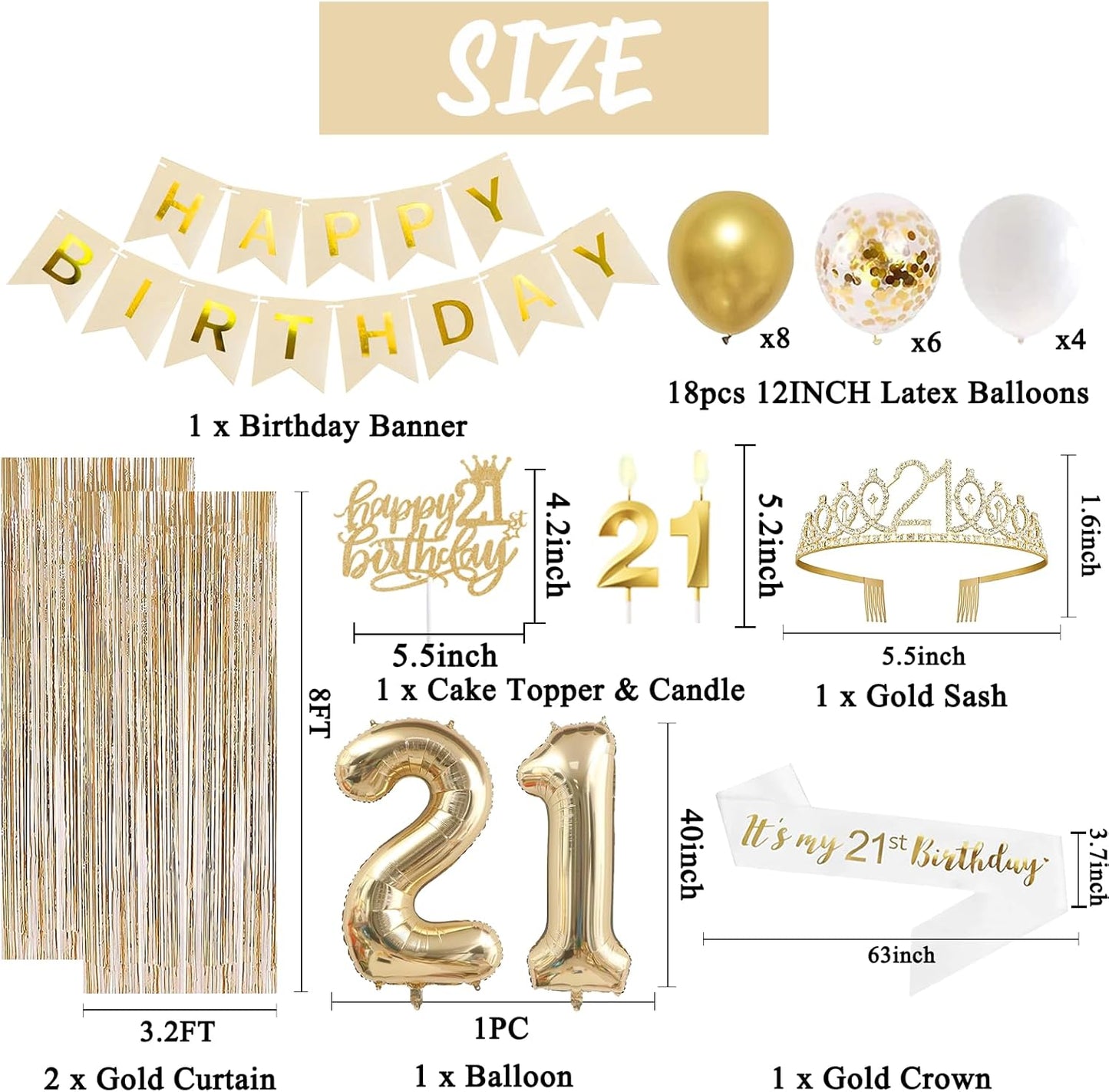 Trgowaul 21st Birthday Decorations for her, Champagne Gold Happy 21st Birthday Supplies for Girls, 21 Sash and Crown, Banner, Fringe Curtains, Cake Topper, 21 Year Old Party Supplies Set