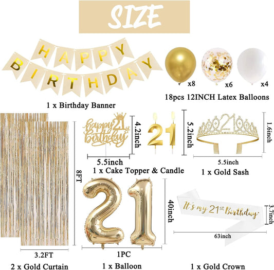 Trgowaul 21st Birthday Decorations for her, Champagne Gold Happy 21st Birthday Supplies for Girls, 21 Sash and Crown, Banner, Fringe Curtains, Cake Topper, 21 Year Old Party Supplies Set