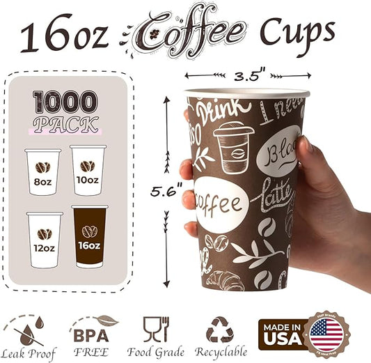 Fit Meal Prep 16 oz Coffee Cups 1000 Count, Leak-Proof Hot Cup, Disposable Paper Coffee Cup Bulk for Hot/Cold Beverage, Durable Thickened Paper Cups for Party, Office, Bussines, Home, Bistros