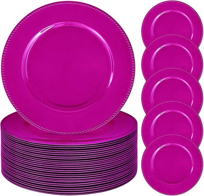 24 Pcs Hot Pink Charger Plates, 13" Round Beaded Decorative Dinner Chargers for Wedding, Holiday, Baby Shower & Event Decoration