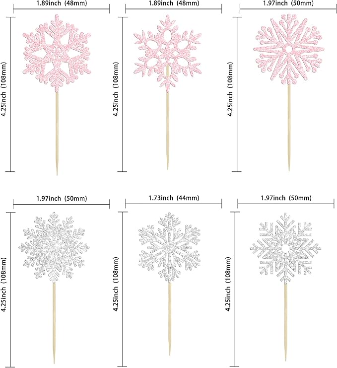 36Pcs Snowflake Cupcake Toppers Glitter Winter Frozen Theme Snowflake Cupcake Pick Decorations for Baby Shower Kids Birthday Christmas Party Decorations Supplies Light Pink Silver