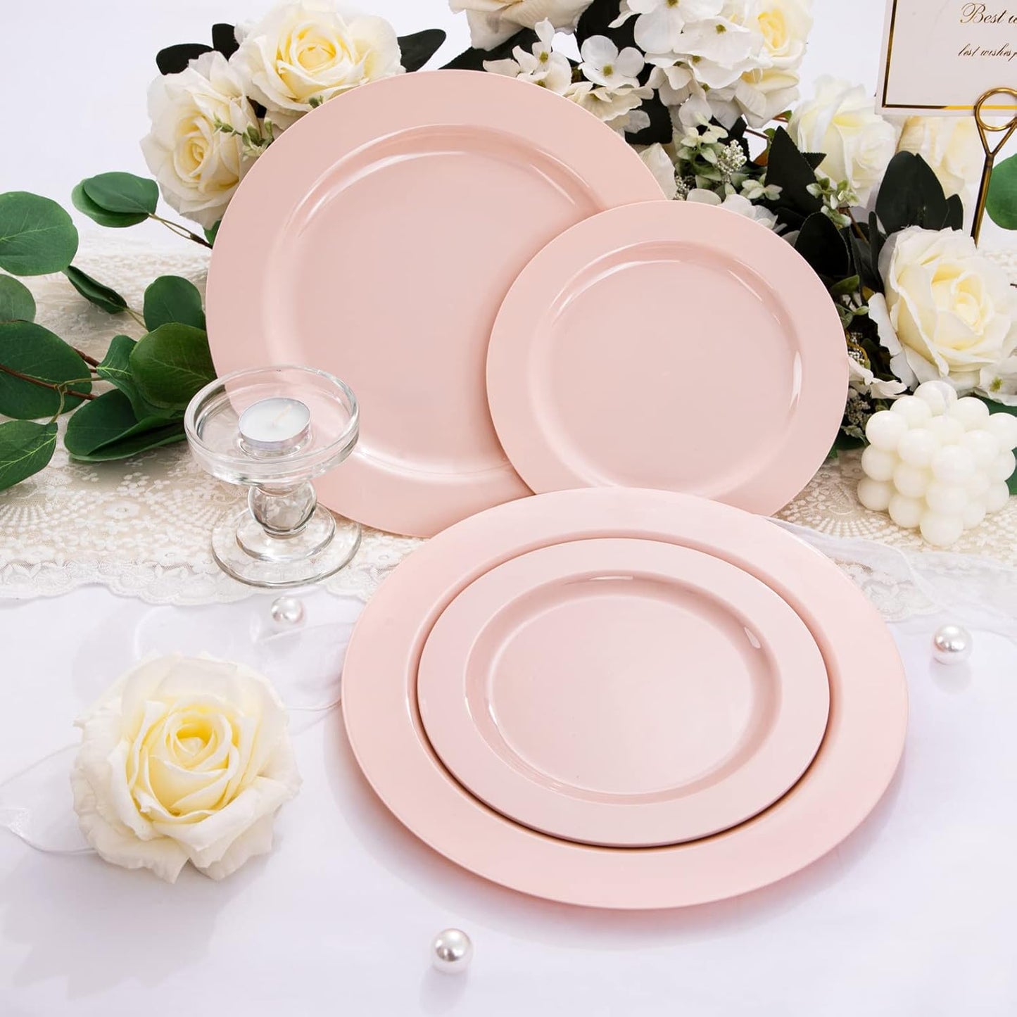 FLOWERCAT 60PCS Pink Plastic Plates - Heavy Duty Pink Plates Disposable for Easter Party/Mother's Day/Wedding - serving 30 guests Include 30PCS 10.25inch & 30PCS 7.5inch