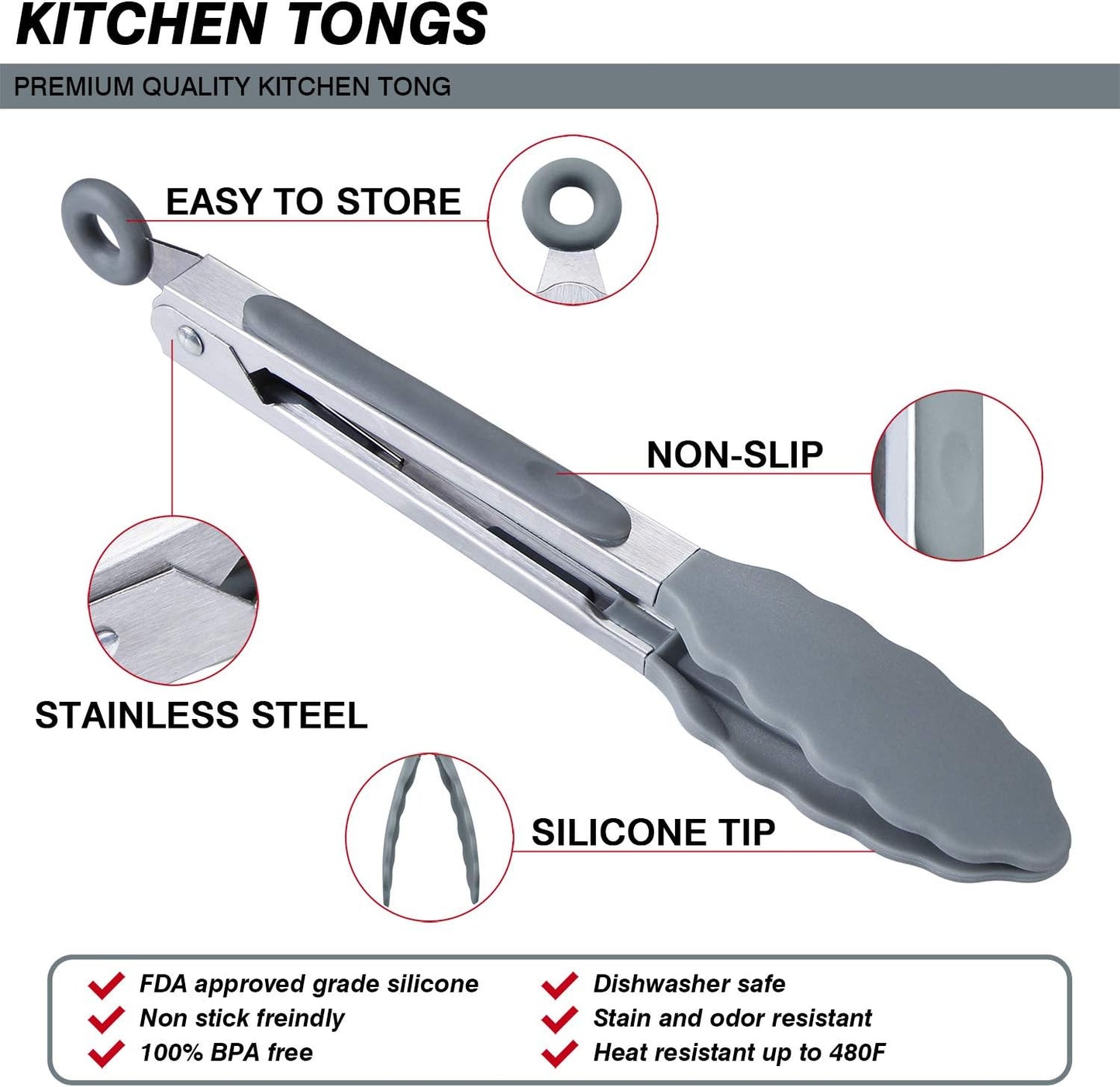 MSY BIGSUNNY Kitchen Food Tongs - 7" Mini Silicone Serving Tongs - Set of 3 (Gray)