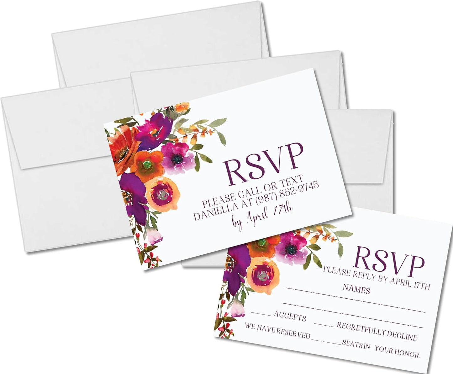 Colorful Wildflower Wedding Invitations, Garden Watercolor Floral, Personalized, Set of 12 Invitations with Envelopes