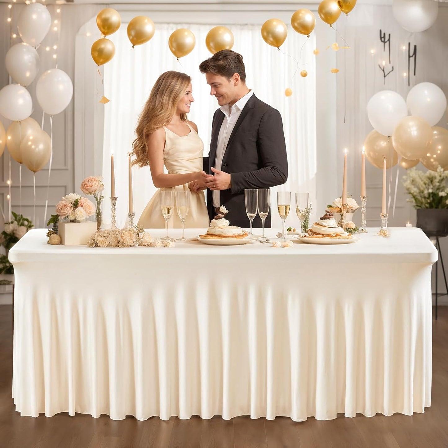 PARTISKY Ivory Spandex Tablecloth for 8ft Rectangle Tables, Stretchable Table Cover Skirt for Folding Tables Weddings Parties Banquets Events Trade Shows and Dessert Table