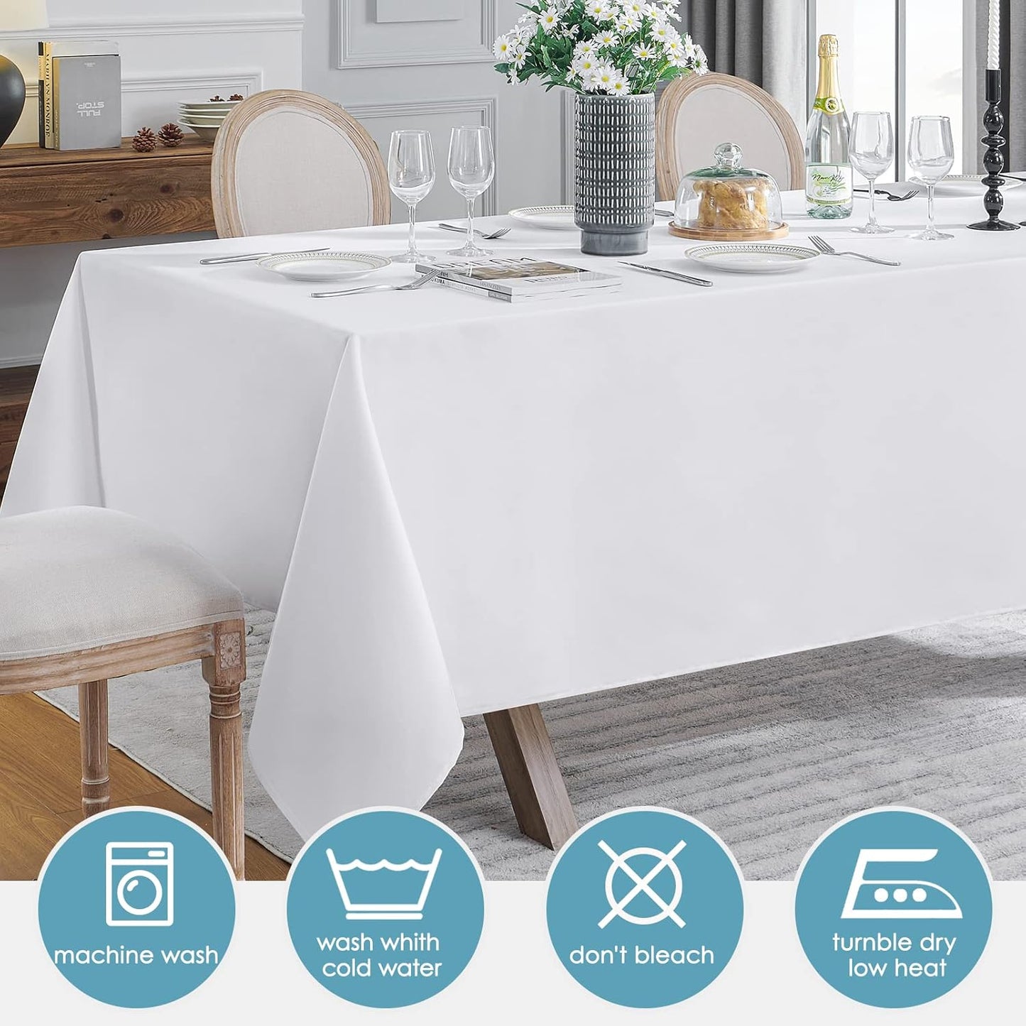 VidaFete Tablecloth 90 * 156inch Rectangle Table Cloth Polyester, Stain Wrinkle Resistant Polyester Dining Table Cover for Kitchen Dinning Party Wedding Rectangular Tabletop Buffet Decoration(White)