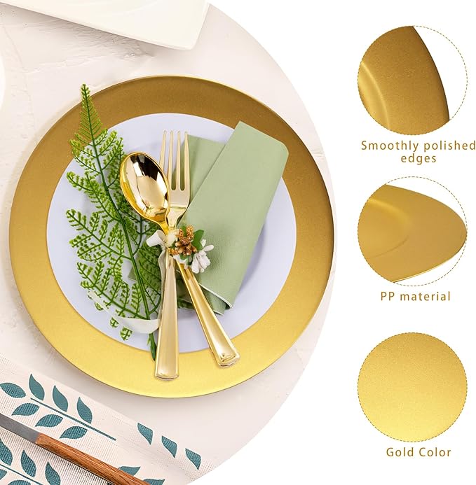 Cheardia 12 Pack Plastic Gold Charger Plates, 13 Inch Round Decorative Serving Dinner Charger Plate Bulk for Wedding, Catering, Parties, Restaurant, Home