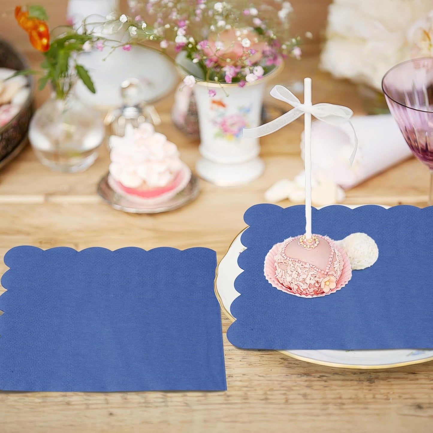 100 Pcs Cocktail Napkins, 2-Ply 5 x 5 Inches Disposable Scalloped Napkins, Thick Premium Dessert Napkins for Party, Wedding, Dinner, Birthday, Anniversary, Festival (Navy Blue)