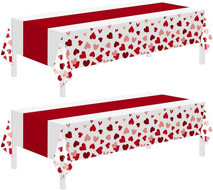 Childom 2 Pcs Valentines Day Tablecloths for Valentines Day Decorations,54" x 108" Disposable Plastic Tablecloths,Rectangle Heart Table Cover for Party Decorations Mothers Day Anniversary Birthday