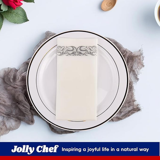 JOLLY CHEF 100 Disposable Hand Towels, Soft and Absorbent Linen Feel Dinner Napkin, Elegant Decorative Paper Guest Towels for Kitchen, Bathroom, Weddings, Parties, Silver and White