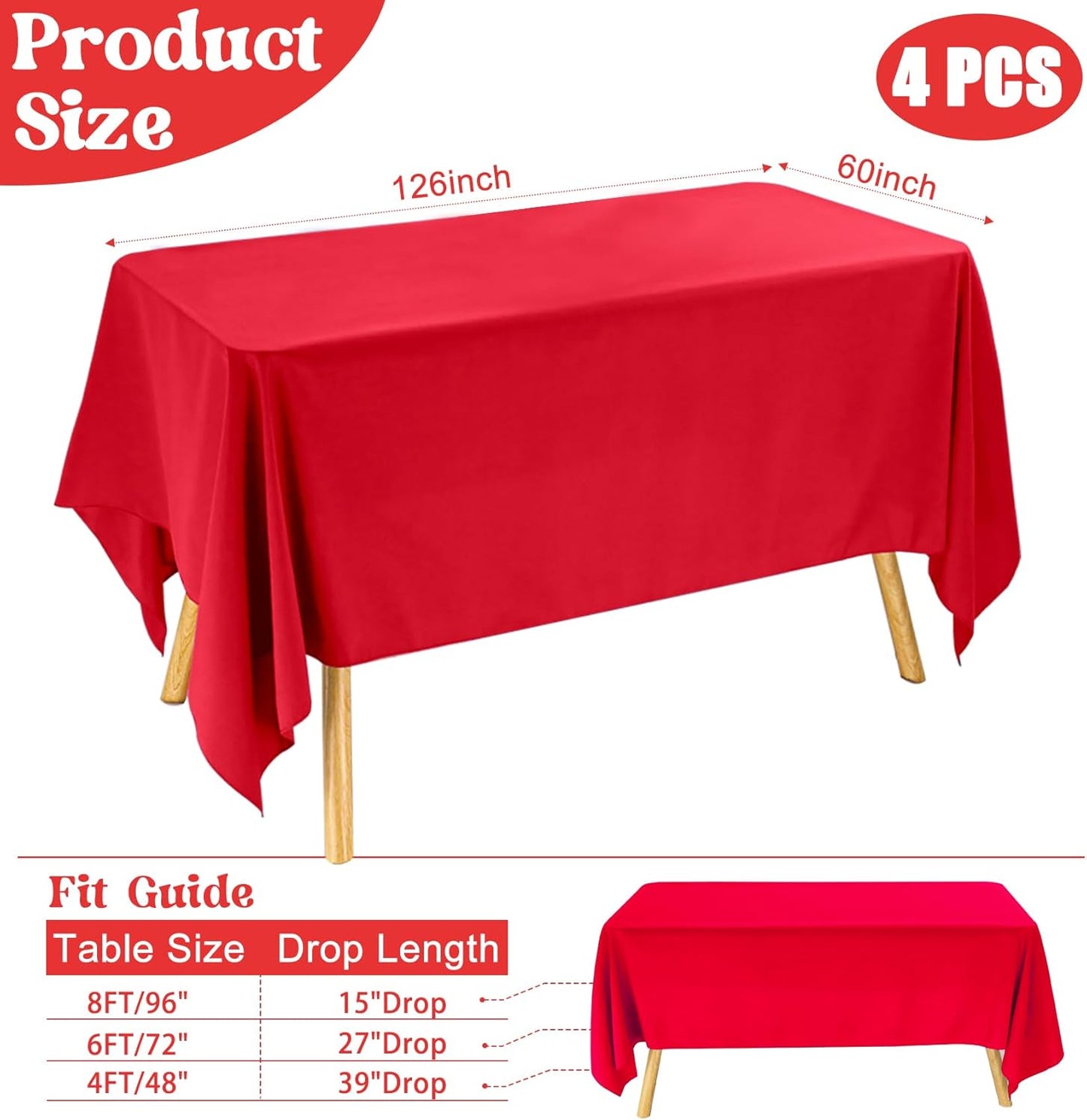 4 Pack Rectangle Tablecloth 60x126 Inch Red Washable Polyester Table Cover for Wedding Dining Table Buffet Parties Banquet Decoration（Red）