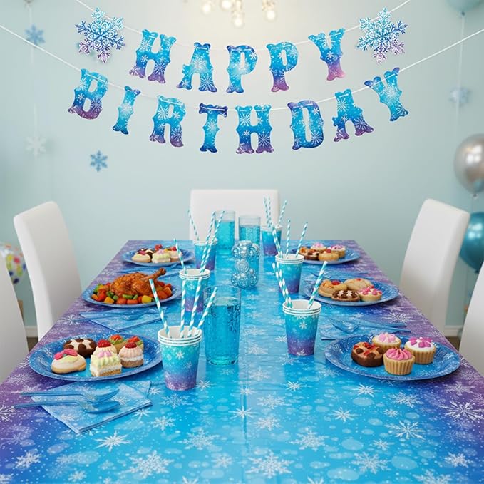 Winter Snowflake Paper Plates and Napkins Set, 194 Pcs Frozen Birthday Decorations Party Supplies, Winter Wonderland Disposable Tableware Includes Tablecloths, Banner, Cups and Cutlery, Serves 24