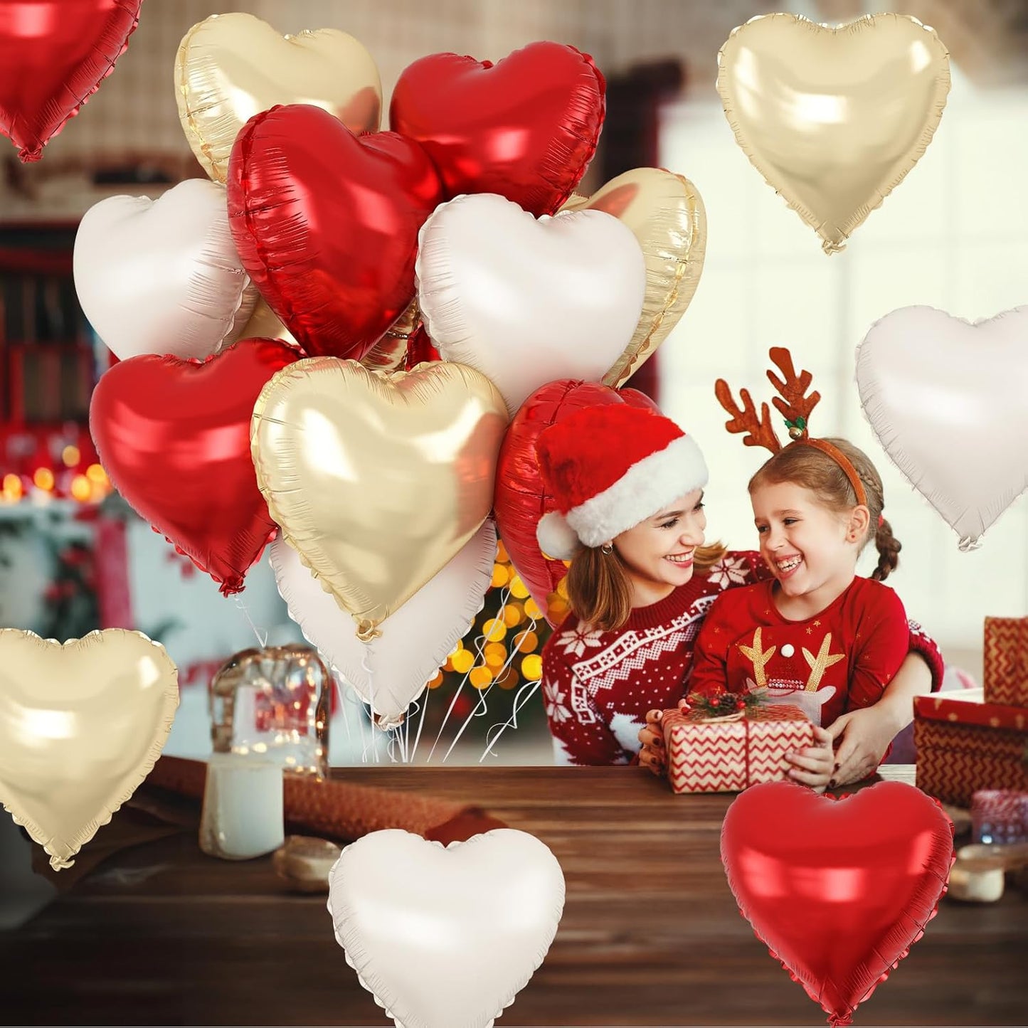Red Gold Heart Balloons Foil, 12Pcs 18 Inch Metallic Red Gold Cream Beige Heart Shape Foil Balloon for Girls Women Birthdays Wedding Baby Shower Valentines Mother's Day Xmas Christmas Party Decor