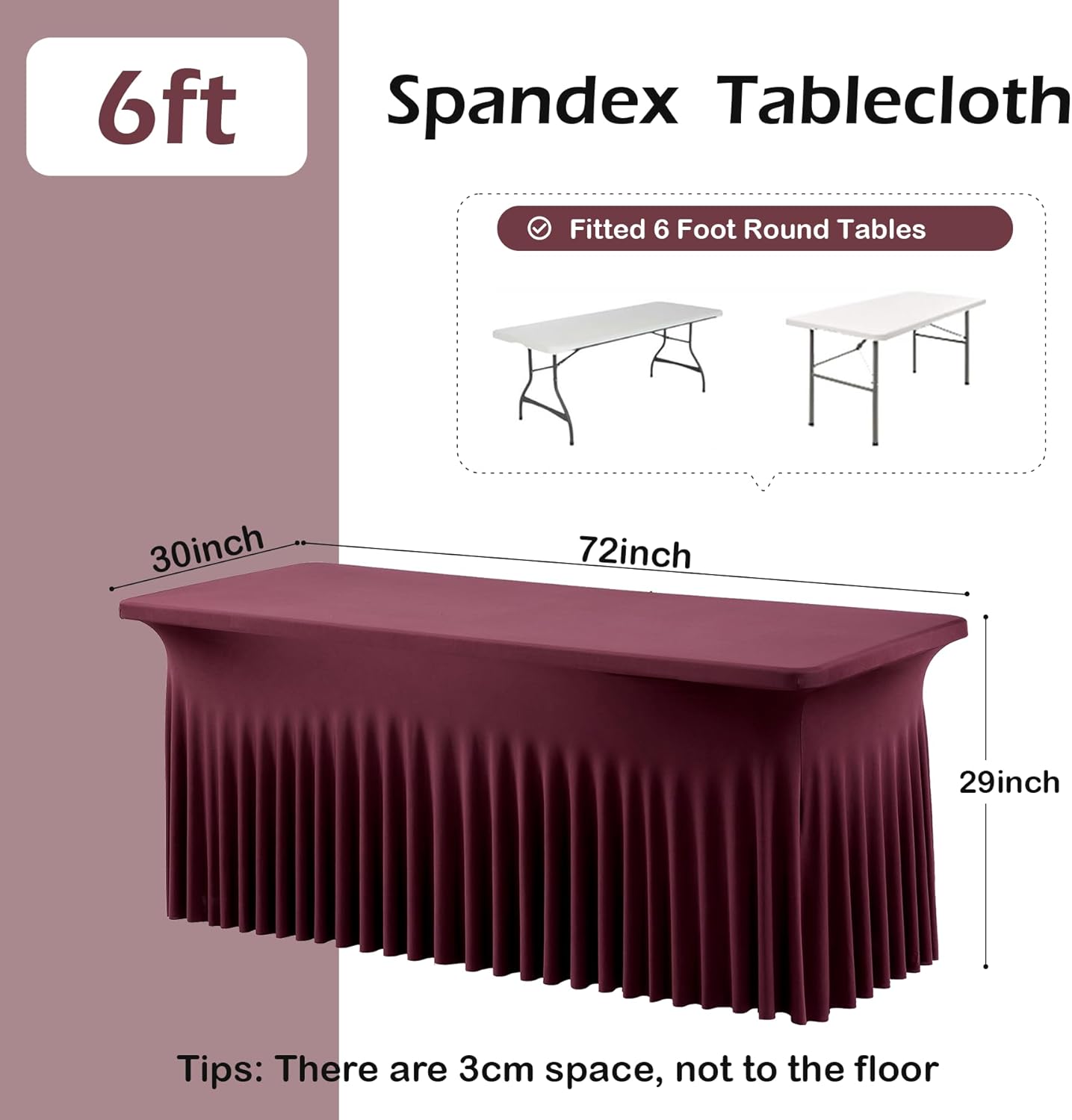 6 pk Burgundy Spandex Tablecloth 6ft with Ruffled Tables,Wrinkle Free High-Stretch Fitted Table Cloths for 6 Foot Rectangle Tables,Elastic Maroon Spandex Table Covers 6 ft for Weddings Banquet Dinning