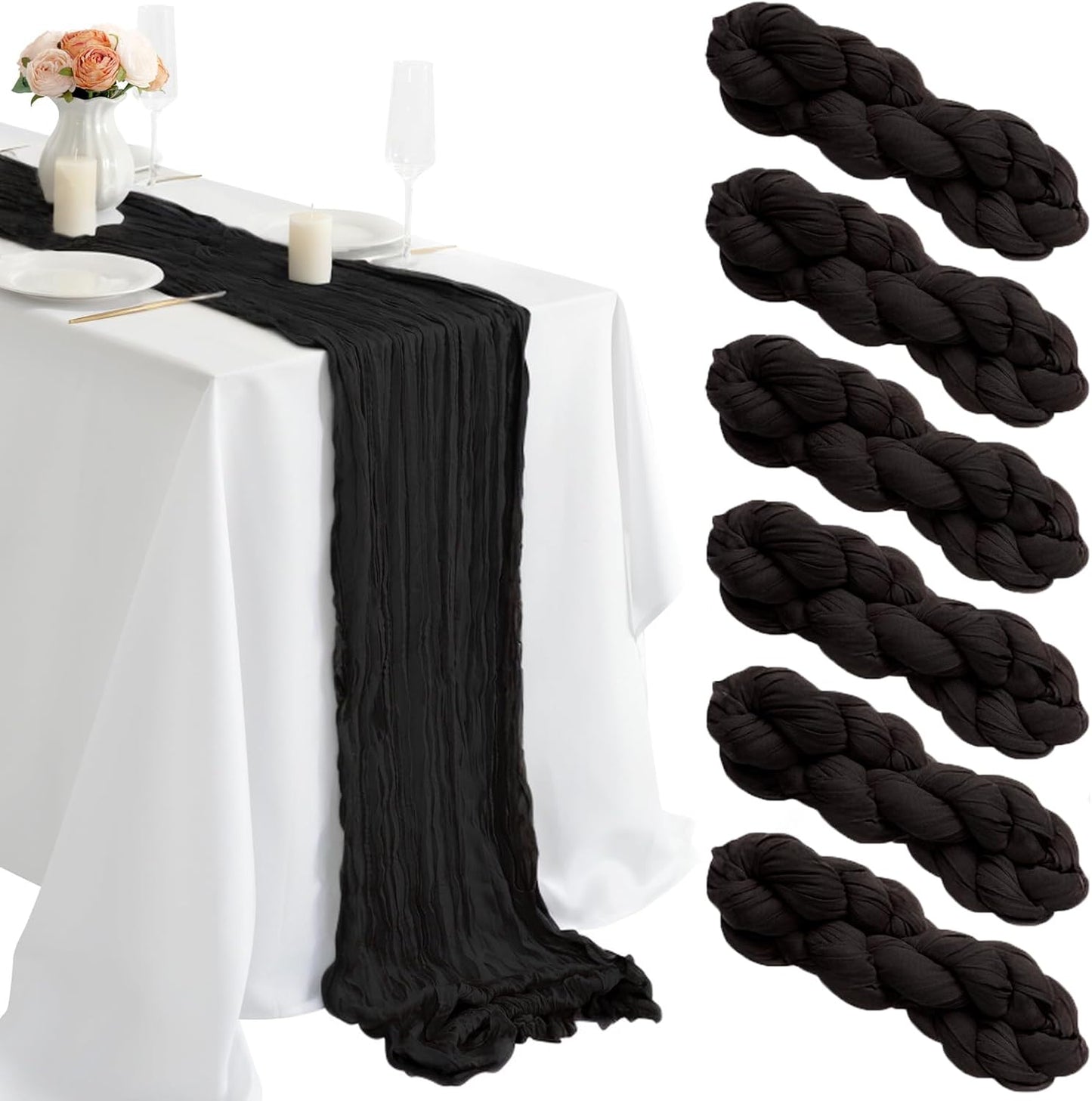 combocube 6 Pack 35x120 Inch 10Ft Cheesecloth Long Table Runner Gauze Rustic Romantic Table Cloth for Halloween Wedding Reception Bridal Shower Holiday Birthday Party Table Decorations, Black